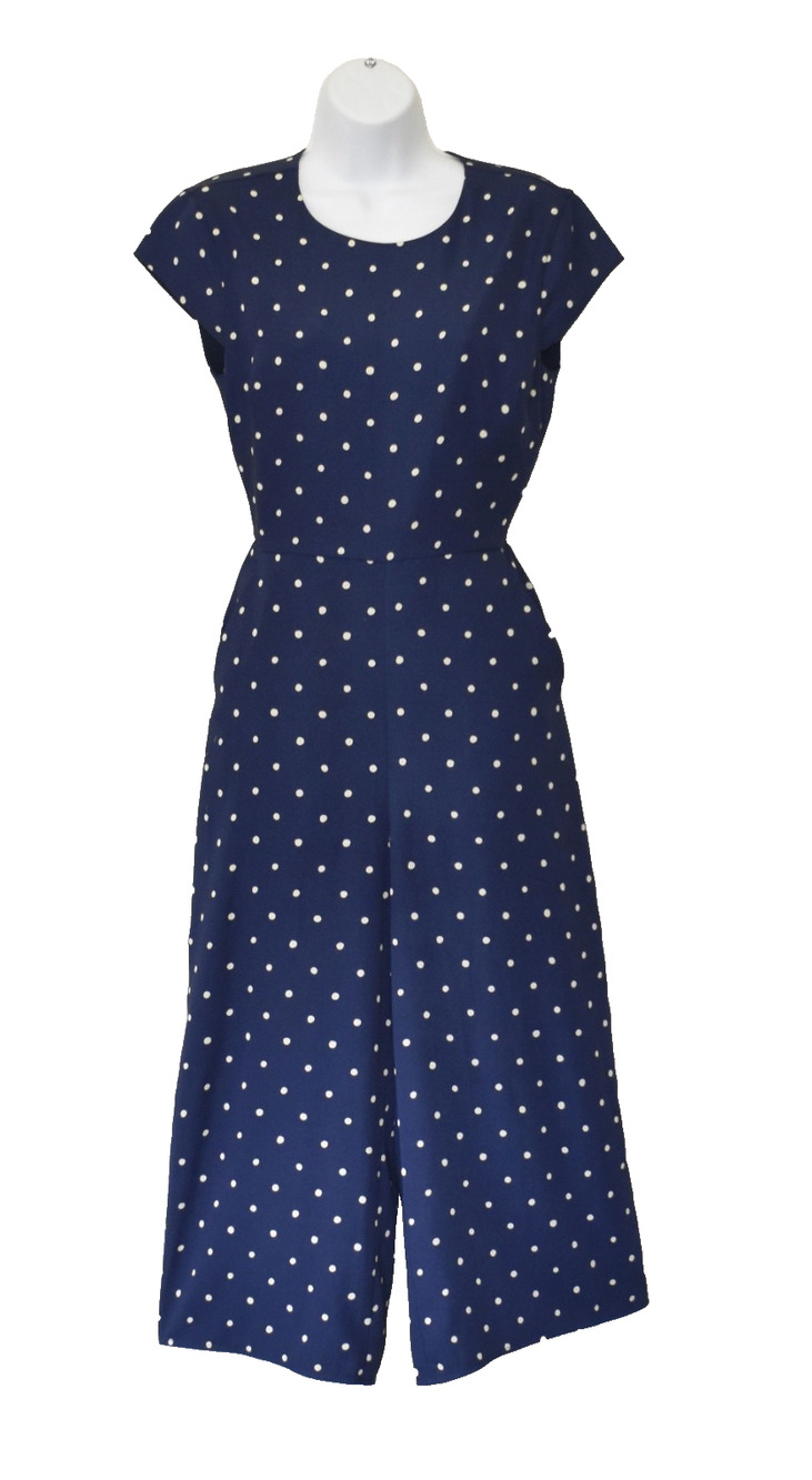 A6 NWOT BABATON Hamptons Navy Blue White Polka Dot Crop Wide Leg Jumpsuit Size 2